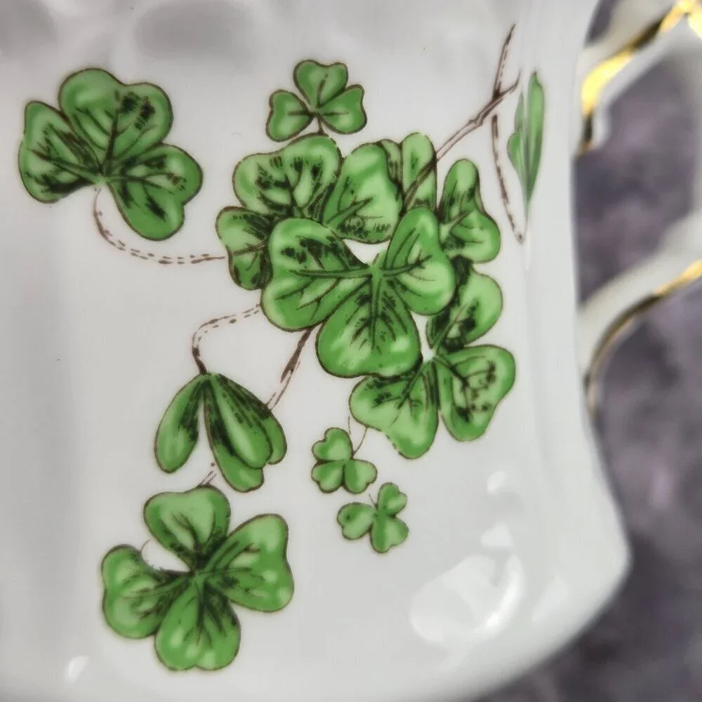 Hammersley & Co Lucky Shamrock Tea Cup & Saucer Bone China Gold Trim Vintage